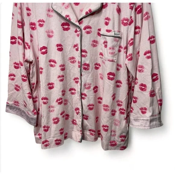 DKNY Womens XL Pink Kiss Print Pajama Top Cotton & Modal Long Sleeve Button-Up - Picture 3 of 9